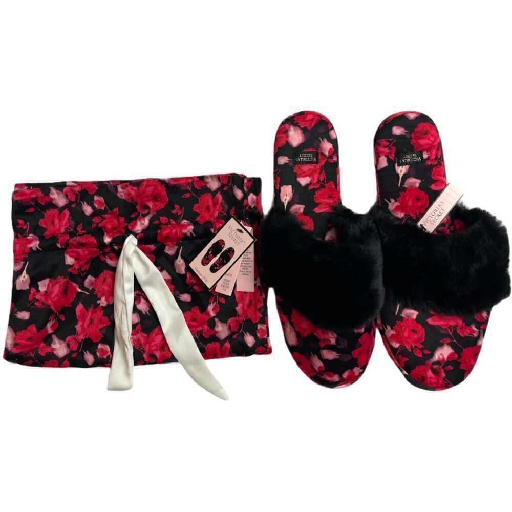 Victoria Secret Red Black Floral Print Slippers M